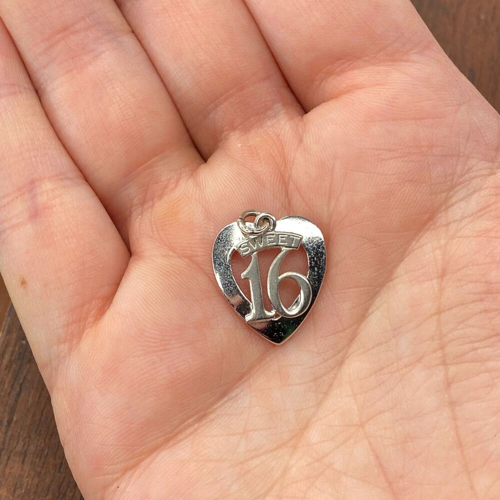 Vintage 925 Sterling Silver "Sweet 16" Open Heart Pendant Bracelet Charm